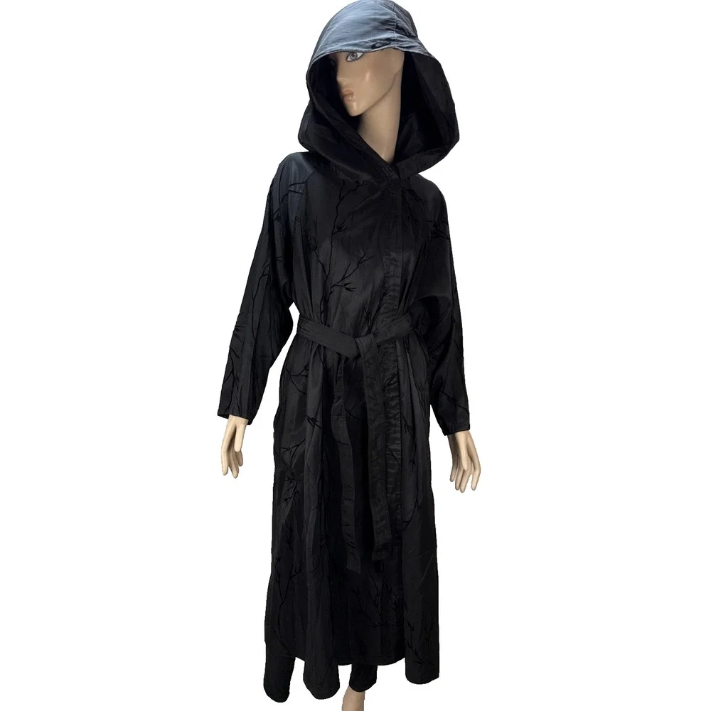 MYCRA PAC Long‎ Donatella Raincoat Size M/L Black Reversible Velvet Vines Hooded
